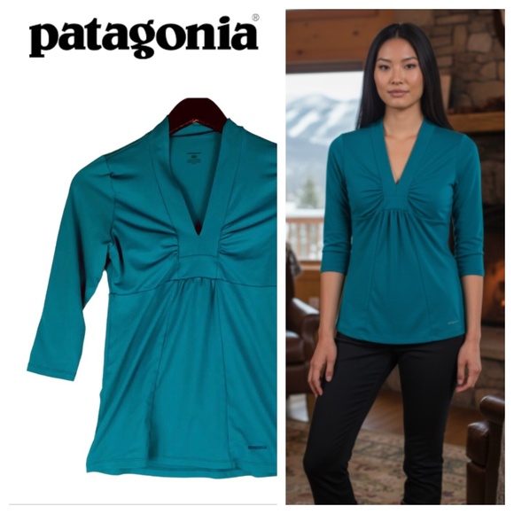Patagonia Tops - PATAGONIA Respite Shirt Top Small Teal Turquoise Ruched Stretch V-Neck